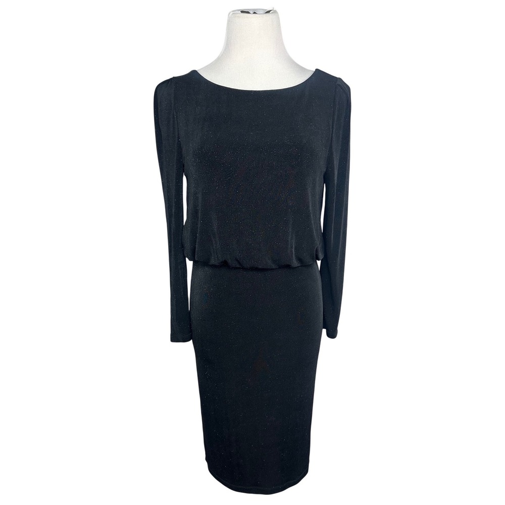 Alice + Olivia Black Glitter Knit Open Back Blouson Midi Dress Long Sleeve Est M